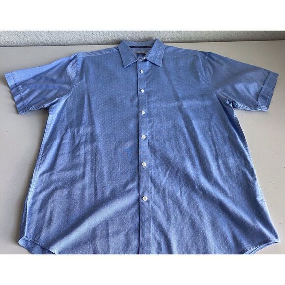 James Campbell Blue White Pattern Short Sleeve Button Shirt Men’s Sz L - Picture 2 of 13